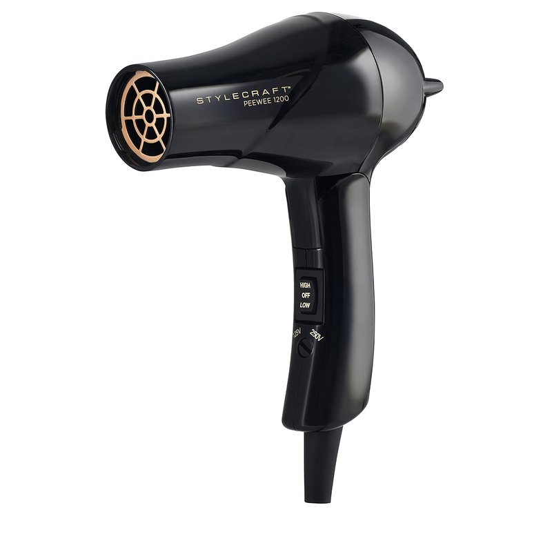 Peewee Travel Hair Dryer - Dual Voltage, Lightweight Ionic Turbo Motor | Includes Diffuser & Travel Bag, Black