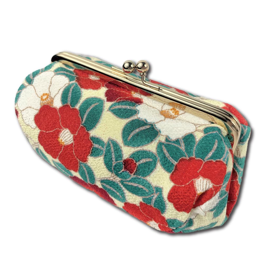 Kiss Lock Small Makeup Bag for Purse [ Made in Japan] Traditional Edo Komon Design Cute Cosmetic Pouch (Camellia flower (Ivory))