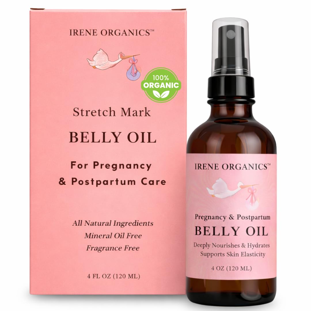 Irene Organics Organic Belly Oil for Pregnancy & Postpartum – Lightweight, Non-Greasy Stretch Mark Support Oil – Hydrating Vitamin E Bump Serum, Unscented & Pregnancy Safe