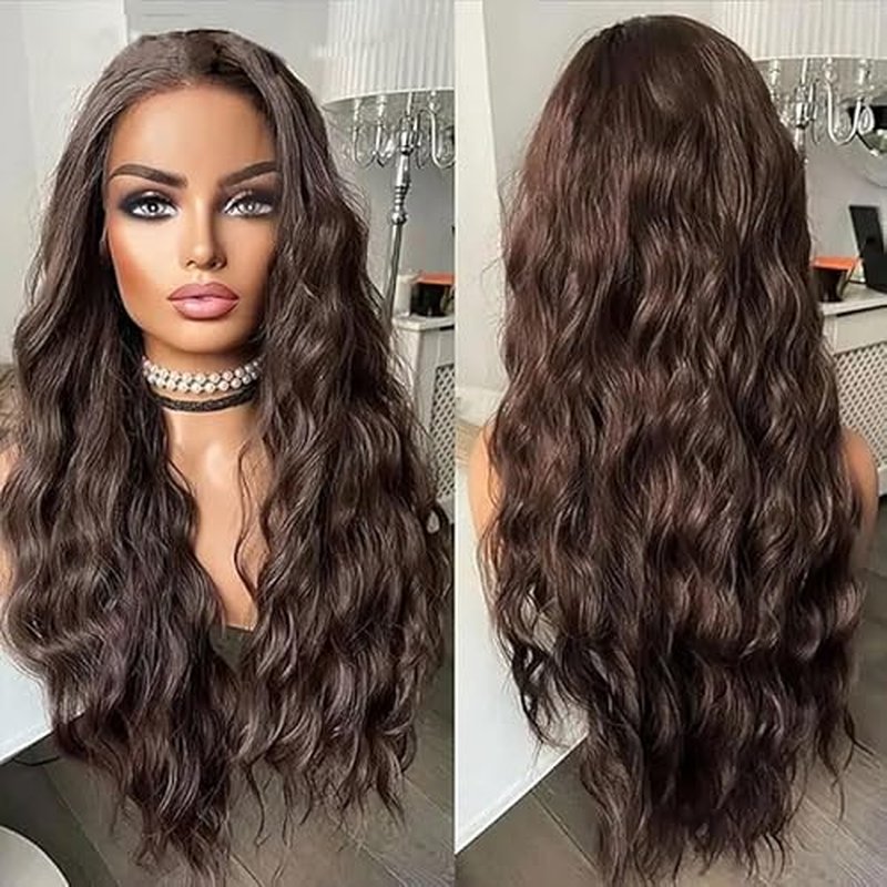 Long Brown Loose Wavy Synthetic Lace Front Wig Middle Part Lace Wigs Glueless Synthetic Hair Wig for Women Daily Party Cosplay Wigs Hairline Drag Queen