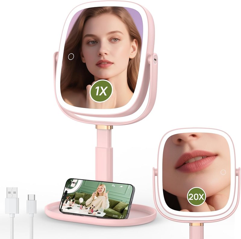Height Adjustable Makeup Mirror with Lights - 1X 20X Magnification, Rechargeable 4000mAh, Desk Phone Stand & Tray Base | Pink