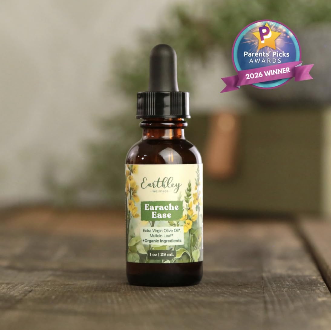Earthley Wellness Earache Ease, Organic Herbal Ear Comfort Drops with Mullein Leaf & Olive Oil, Safe for Babies, Kids & Adults, Clean Formula, Packaging May Vary (1 oz)