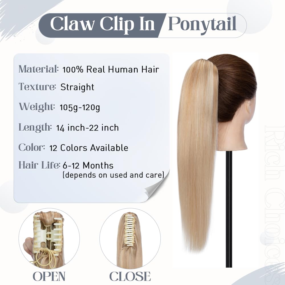 Rich Choices Ponytail Extension 100% Real Human Hair Wrap Around Remy Ponytail Extension for Women Clip In Long Pony tail Extensions Straight 13.5 Inch #18P613 Ash Blonde Highlighted Bleach Blonde