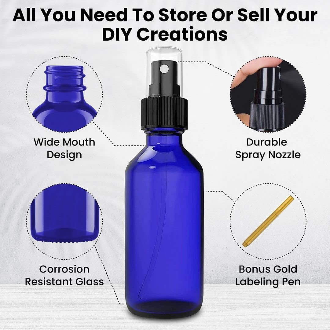 CULINAIRE 2oz Glass Spray Bottles for Essential Oils with Gold Pen Marker, Small Fine Mist Spray Bottle, Refillable, for Hair Spray, Essential Oils, Colognes, and Hand Sanitizers, Blue, Pack of 24