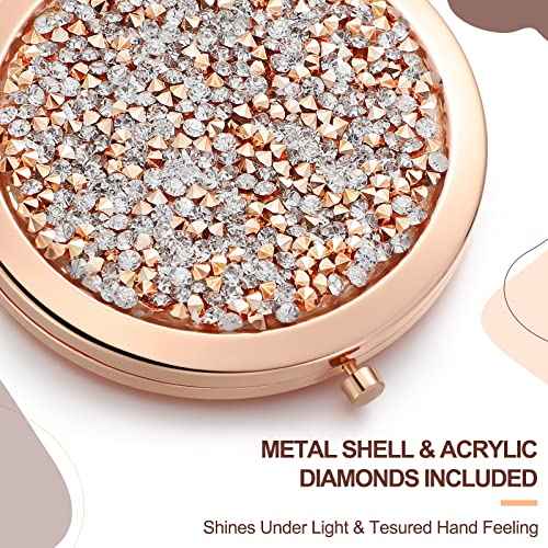 Roowest 16 Pack Metal Rhinestone Compact Mirror Bulk for Women Inspirational Rose Gold Magnifying Pocket Mirrors for Purses Women Girls Events Wedding Bridal Shower Favors