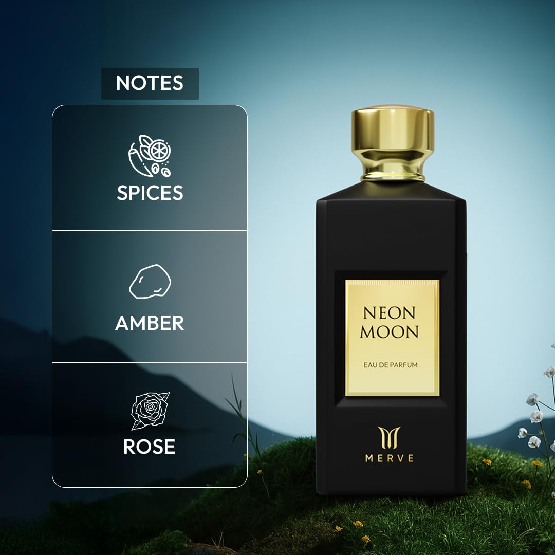 Merve Neon Moon Premium Long Lasting Fragrance Luxury Scent For Unisex | Spicy, Oud, Saffron | Last All Day | 3.4 Ounces