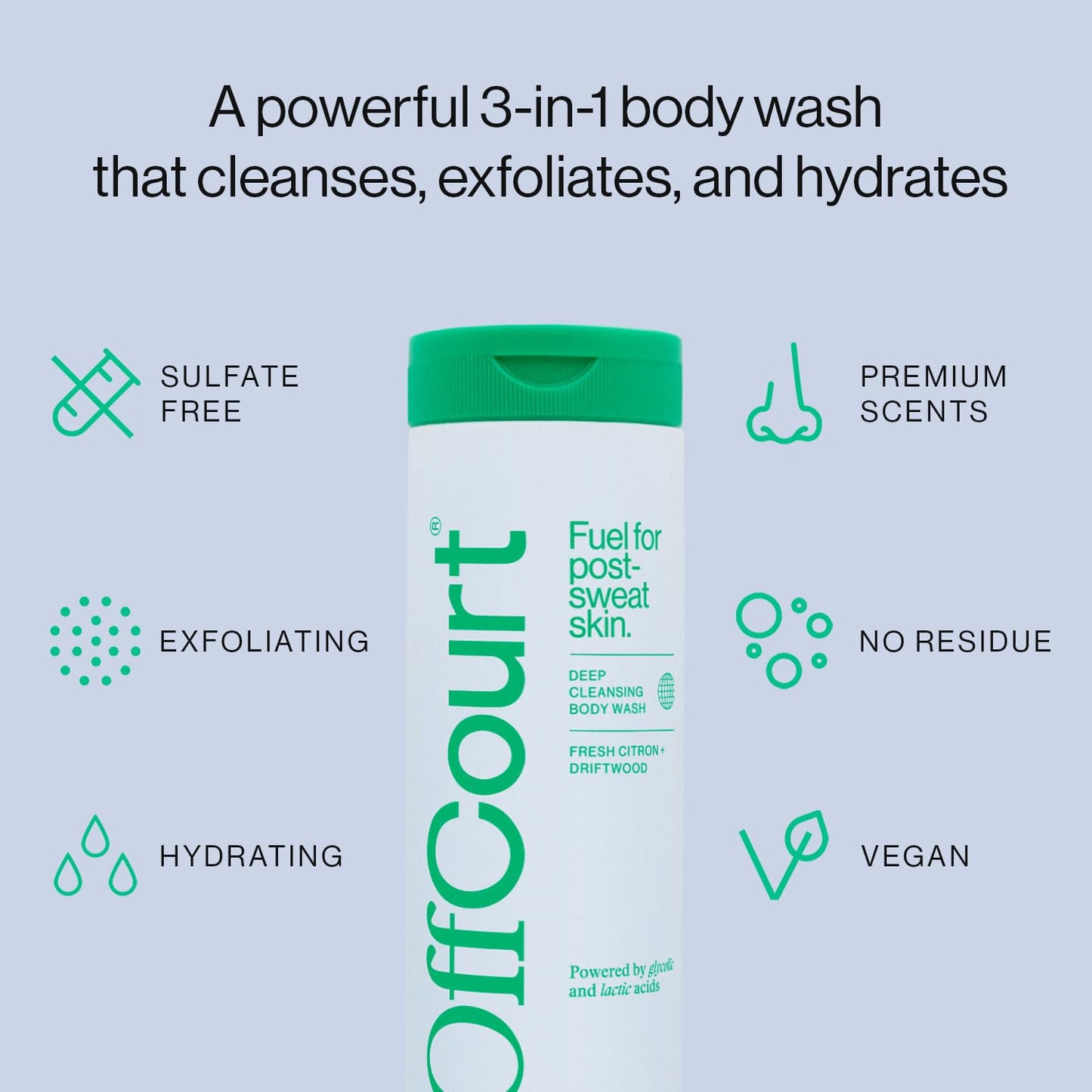 OffCourt Sulfate-Free Body Wash for Men & Women - Non-Drying Exfoliator with Glycolic & Lactic Acids Leaves Skin Fresh & Smooth with Fresh Citrus and Driftwood, 14 Fl. Oz (Pack of 1)