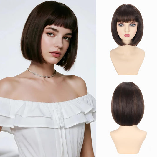 Refined hair Brown Mix Light Brown Bob Wigs With Bangs 12 inch Short Straight Synthetic Shoulder Length Wig For Women Heat Resistant Bob Wig Style for Daily Party Cosplay (4/30, 12 Inch)