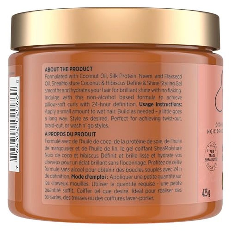 SheaMoisture Define&Shine Styling Gel+Flaxseed 12ct Coconut&Hibiscus Hydrates,Holds Your Style All Day Infused With Glycerin,CoconutOil an Invigorating Sweet Scent ParabenFree Frizz Control Gel 15OZ