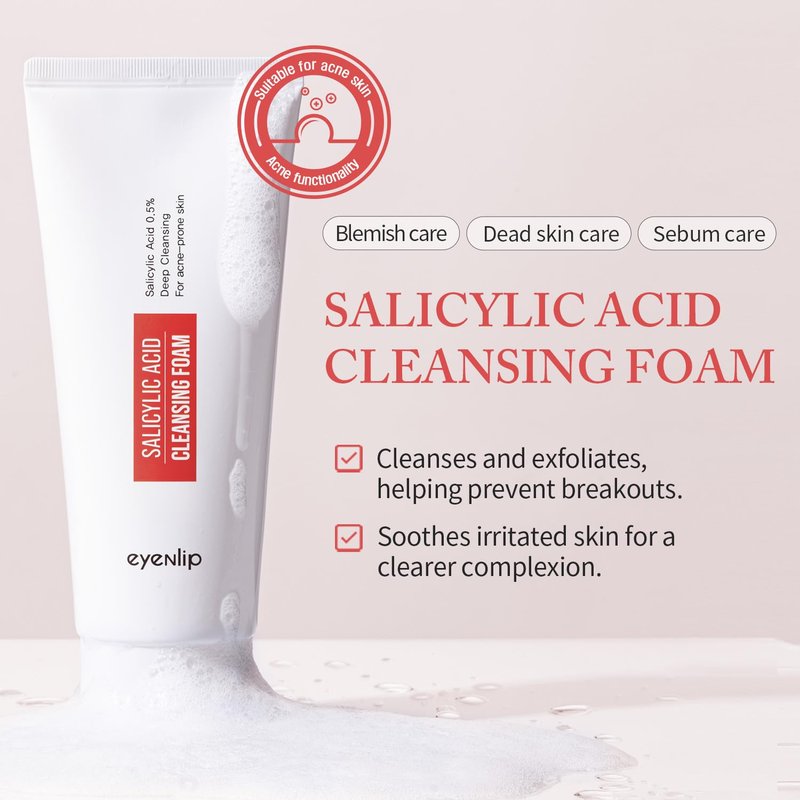 eyeNlip Salicylic Acid Cleansing Foam 5.07 fl oz - Gentle Exfoliating Face Wash with Tea Tree and Charcoal for Clear, Refreshed Skin, Korean Skincare