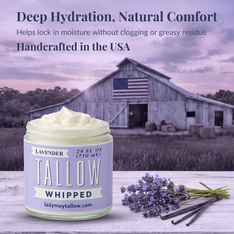 Lady May Tallow Whipped Tallow 24oz - All Natural Face Cream and Whole Body Moisturizer for Dry Skin - Made with Scented Oil Blend - No Preservatives, Parabens or Seed Oils - USA Made (Lavender)
