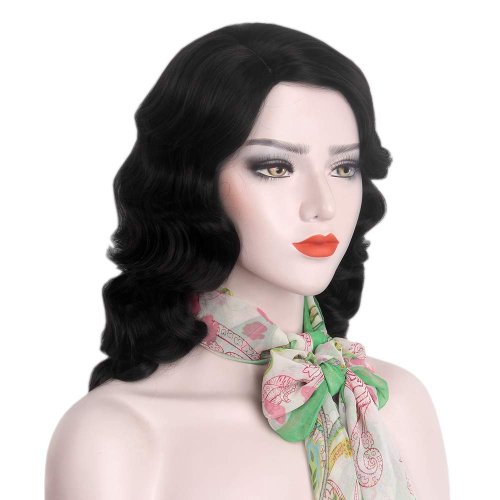 STfantasy Finger Wave Wig 1920s Retro Mid Length Long Curly Synthetic Hair for Women Cosplay Halloween Party Costume (Jet Black)