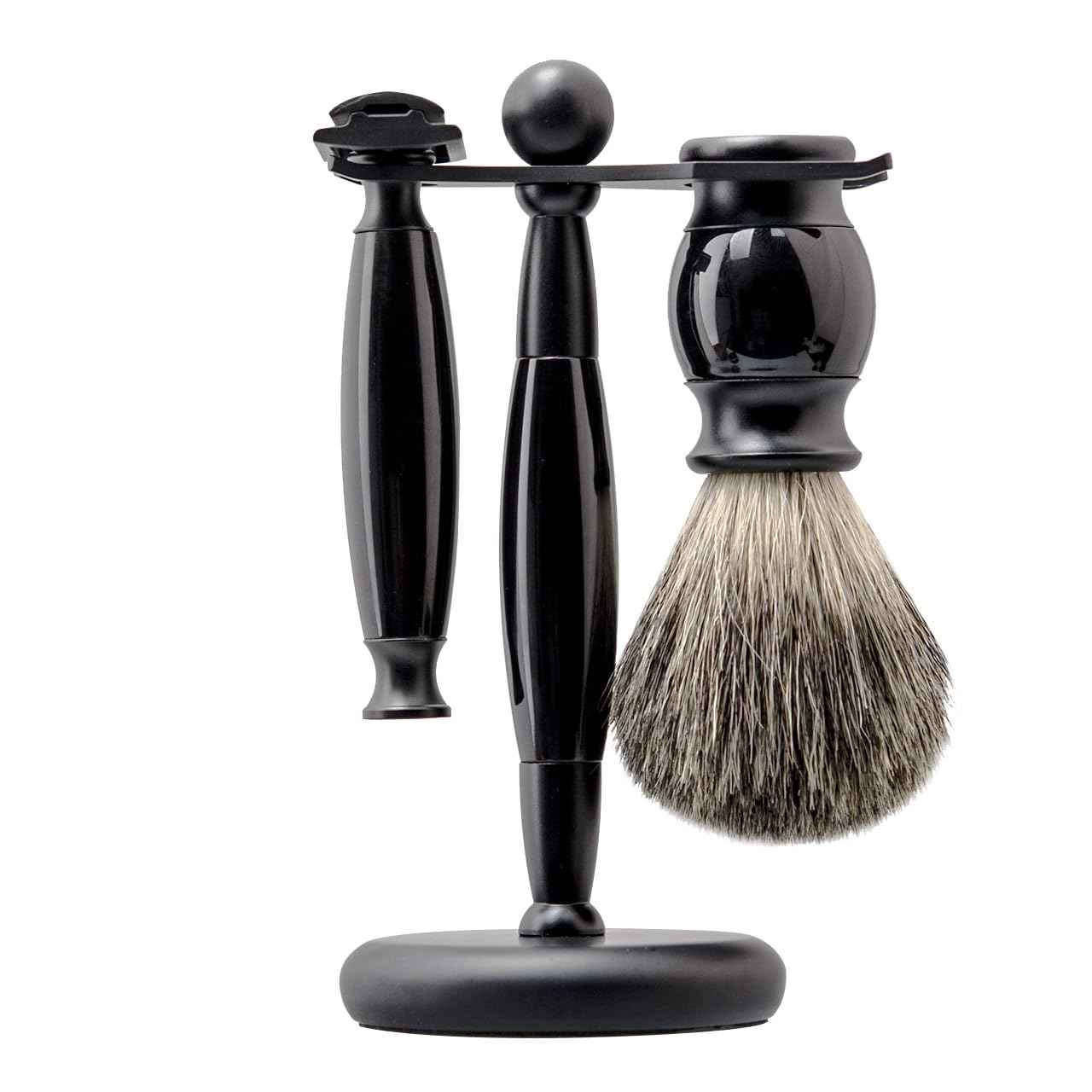 Danweix Black Wet Shaving Kit for Men, 3 in 1 Set with Badger Hair Brush, Double Edge Safety Razor, Alloy Stand Holder