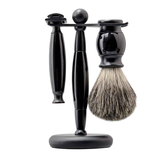 Danweix Black Wet Shaving Kit for Men, 3 in 1 Set with Badger Hair Brush, Double Edge Safety Razor, Alloy Stand Holder