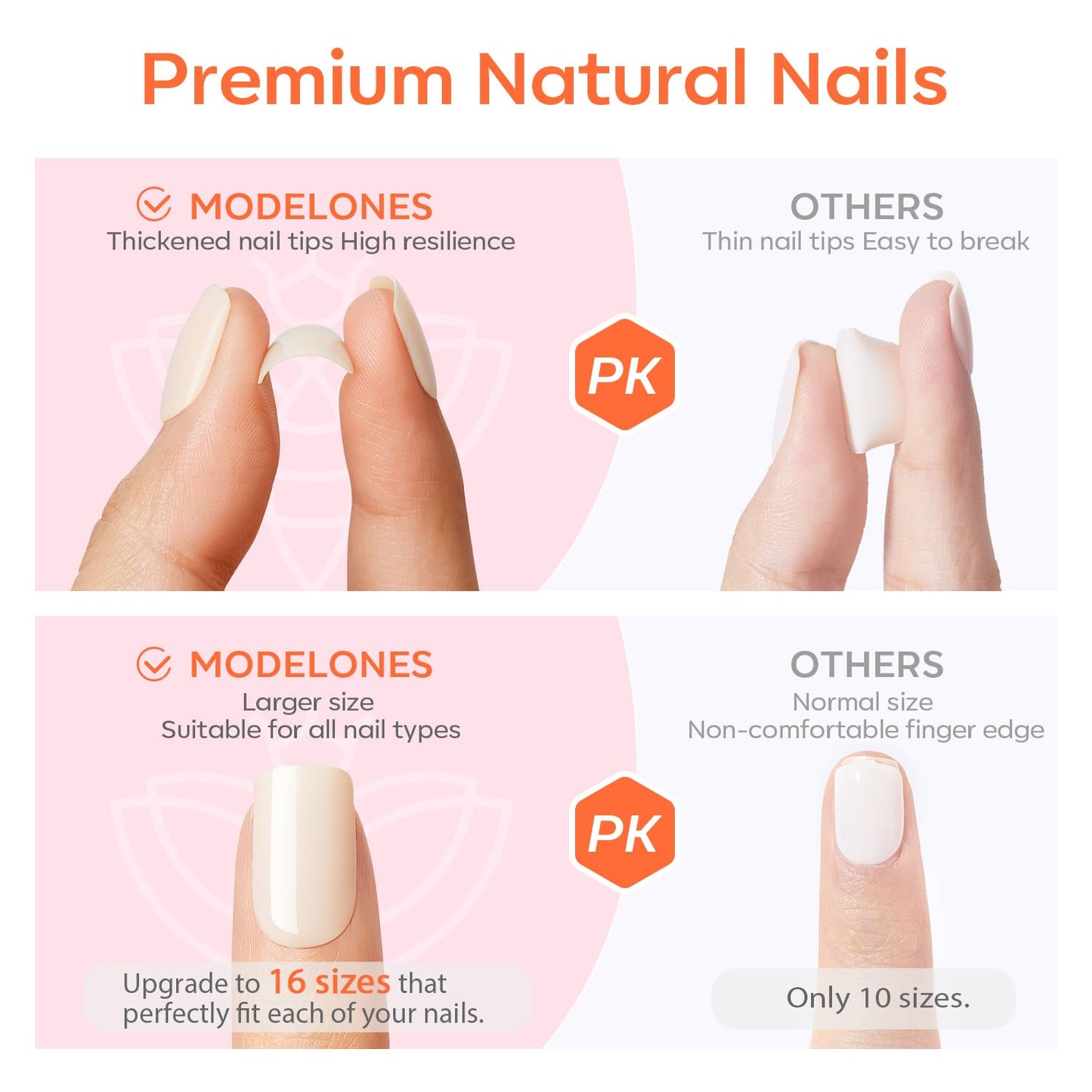 modelones French Tip Press On Nails, Short Oval Fake Nails Press Ons with Nail Glue, Adhesive Tabs, Nail File, Prep Pad, Manicure Stick, 32Pcs 16 Sizes, Nude, Summer Women Girl Gift