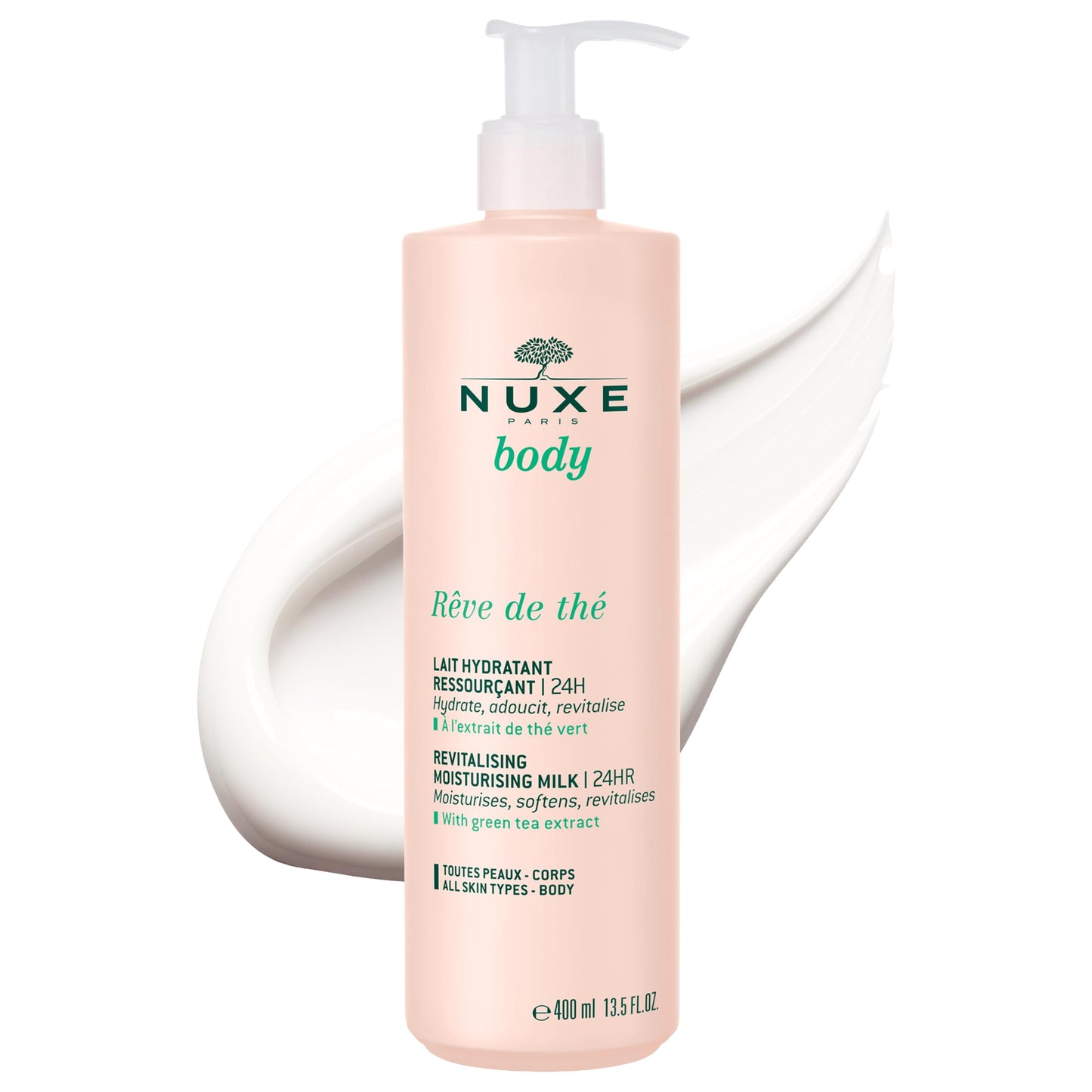 NUXE Revitalizing Moisturizing Body Lotion, Rêve de Thé 24hr Hydration Moisturizing Milk, Nourishes, Softens & Revitalizes with Green Tea Extract, 13.5 Fl Oz