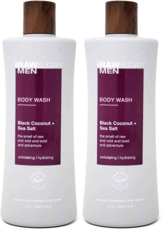 RAW SUGAR Men's Body Wash 25 fl oz (Pack of 2) (Black Coconut + Sea Salt)