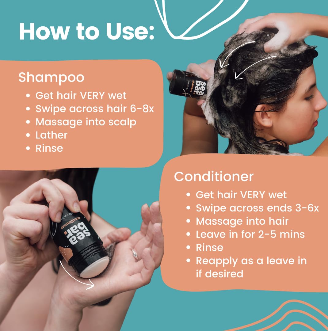 SeaBar Shampoo and Conditioner Bar Set with Refillable Applicator - Salon-Quality Cleanse & Condition – Volume & Soft, Manageable Lengths - Sulfate & Silicone-Free, TSA-Friendly - Coconut & Lime