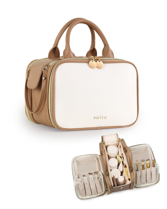 Prite Makeup Bag for Women, Large Capacity Waterproof Travel Cosmetic Organizer, Portable Open Flat Toiletry Bag with Free-standing Brush Holder and Handle(Beige Brown Medium)
