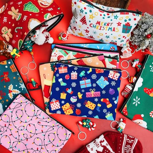 Kacctyen 24 Pcs Christmas Cosmetic Bags and Keychains for Women Makeup Bags with Zipper Santa Snowman Bells Candy Cane Keychain Toiletry Organizer for Christmas Party Favor Xmas Gifts