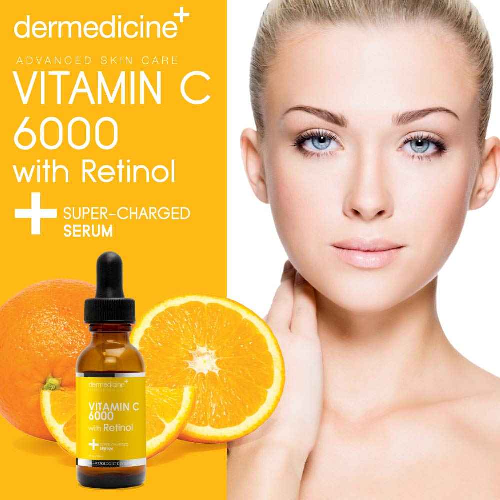 Dermedicine Vitamin C 6000 w/Retinol Anti-Aging Serum for Face | Pharmaceutical Grade | Helps Smooth Wrinkles, Brightens Complexion | Improves Texture & Tone for More Youthful Skin | 1 fl oz / 30 ml