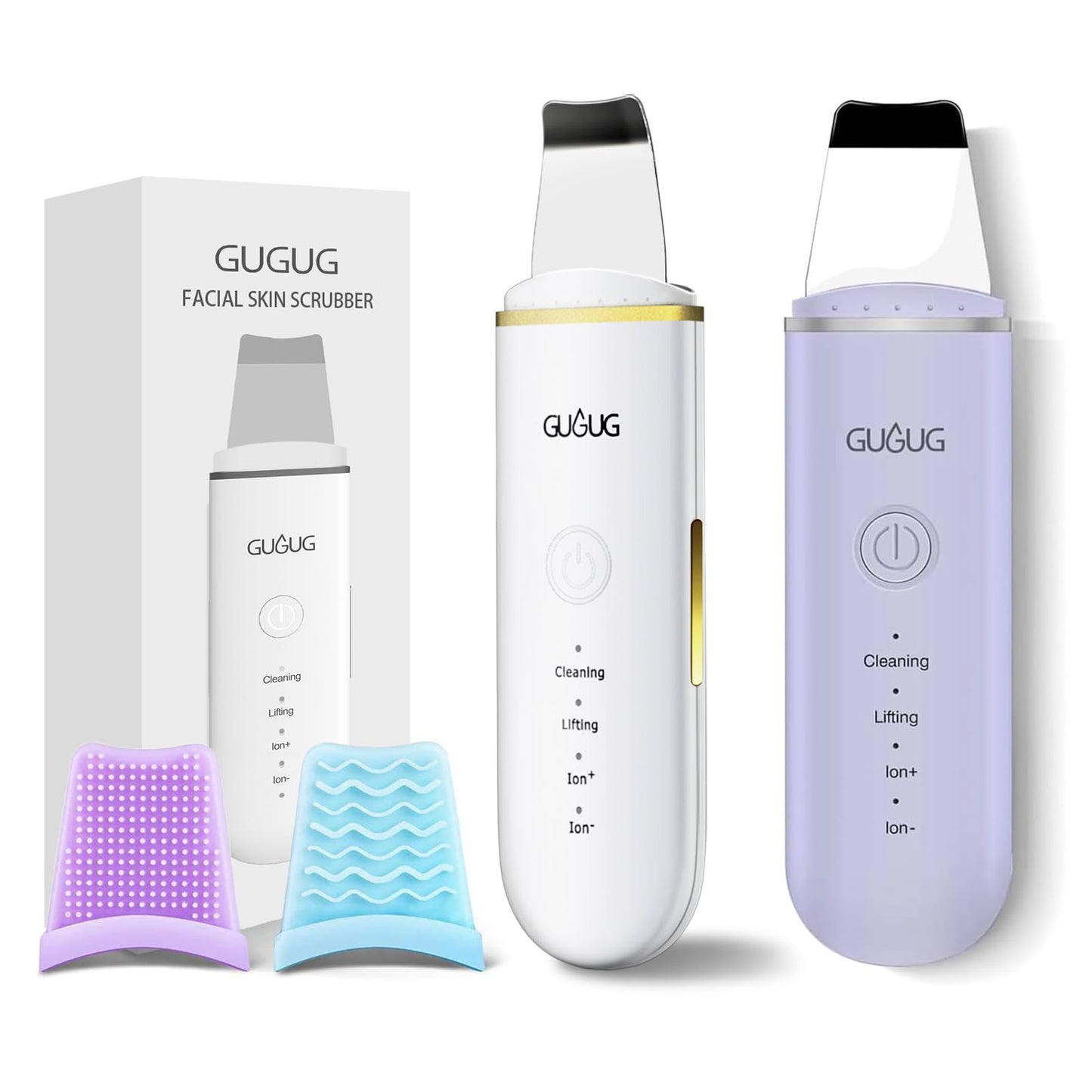 GUGUG 2-Pack Facial Spatula Set 4 Mode Skin Scrubber & Pore Cleaner for Blackhead Removal (White + Purple)