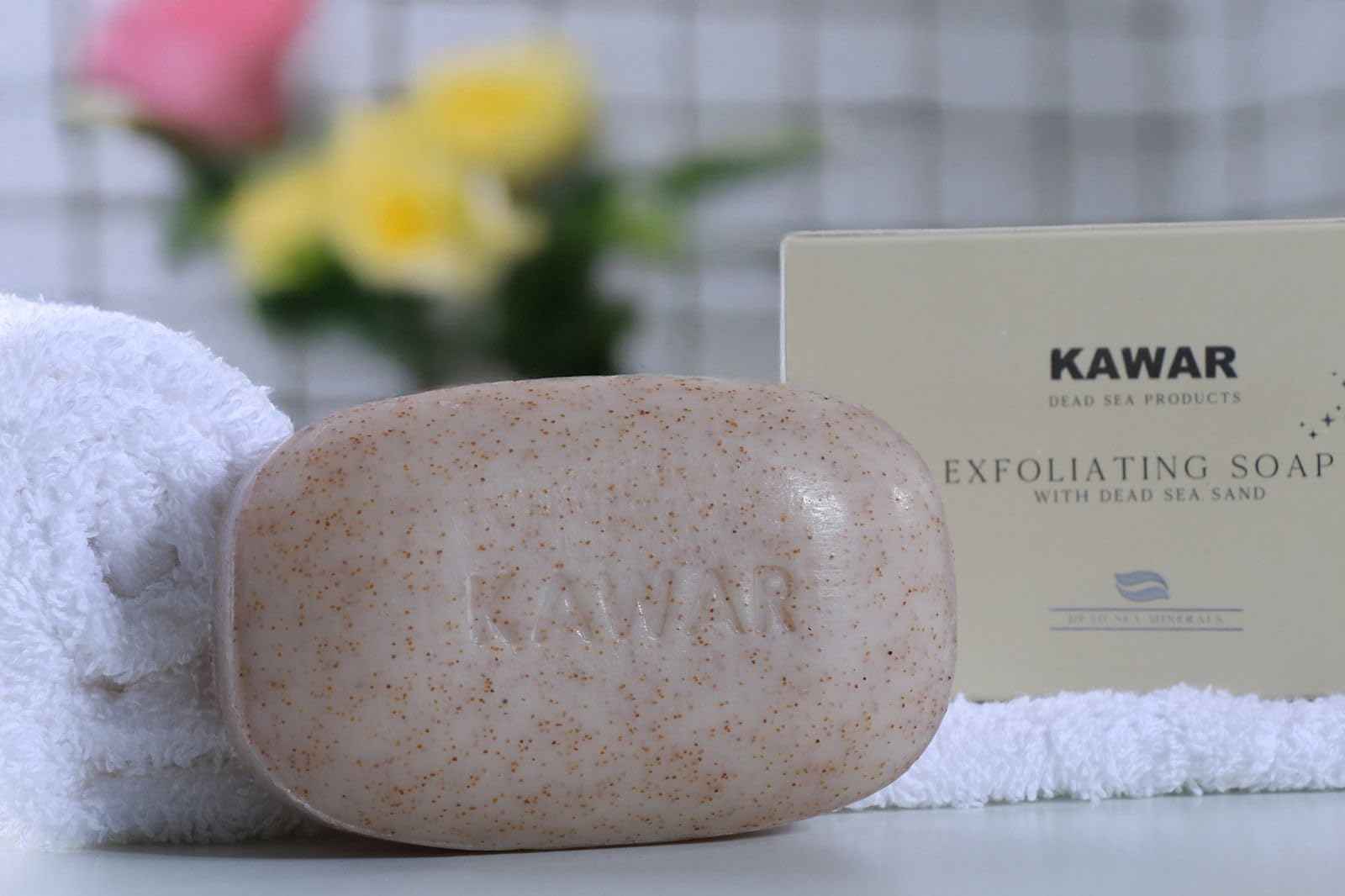 KAWAR Dead Sea Exfoliating Soap with Dead Sea Sand - Salicylic Acid, Magnesium Chloride, Shea Butter, Olive Oil & Tea Tree - Vegan Soap Bar for Men & Women, 4.2 oz (Pack of 2)