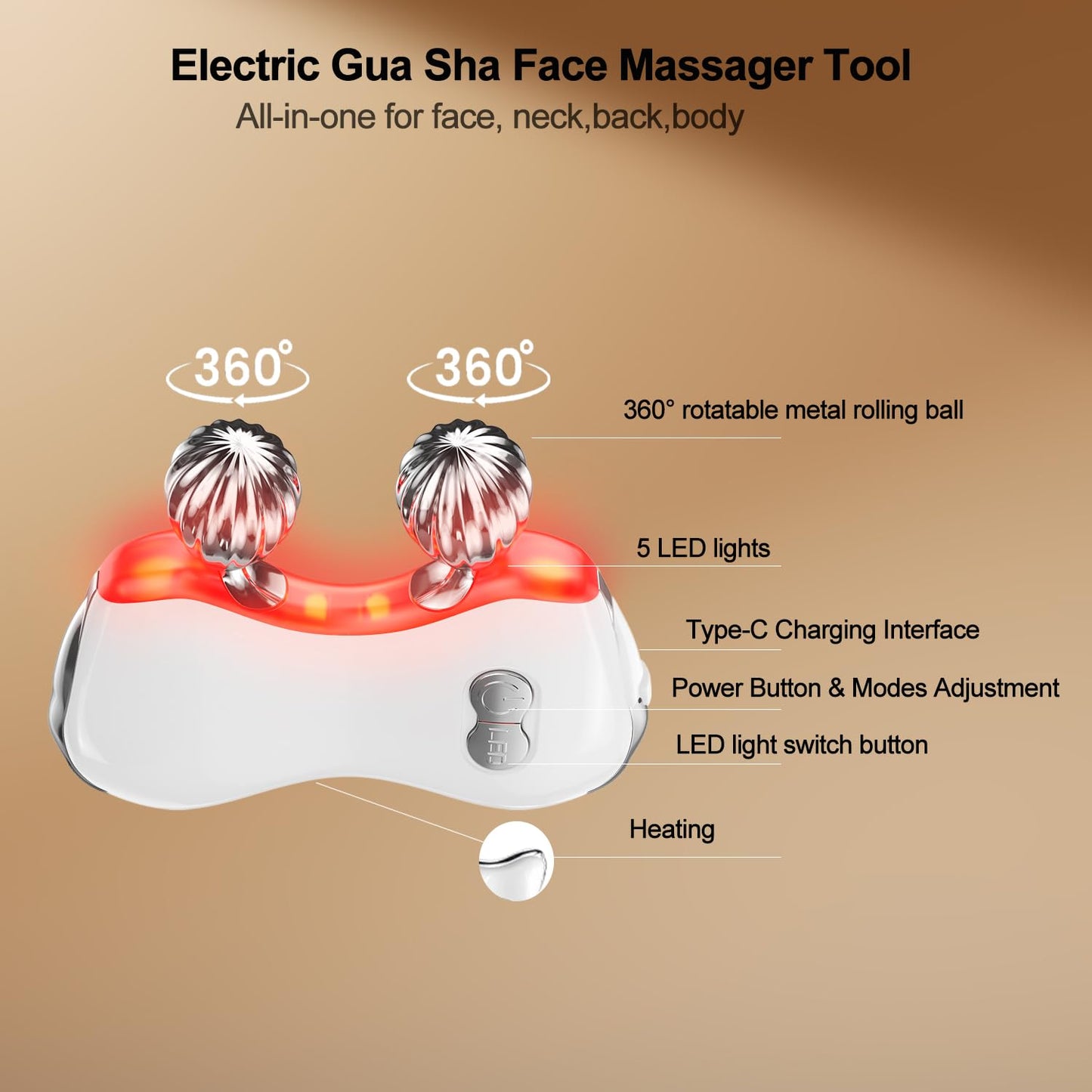 MEBAO Electric Gua Sha Facial Tools, Facial & Body Massager Tools with Heat and Vibration, 5 LED Lights Gua Sha Device with 2 Metal Roller for Eyes, Neck, Face