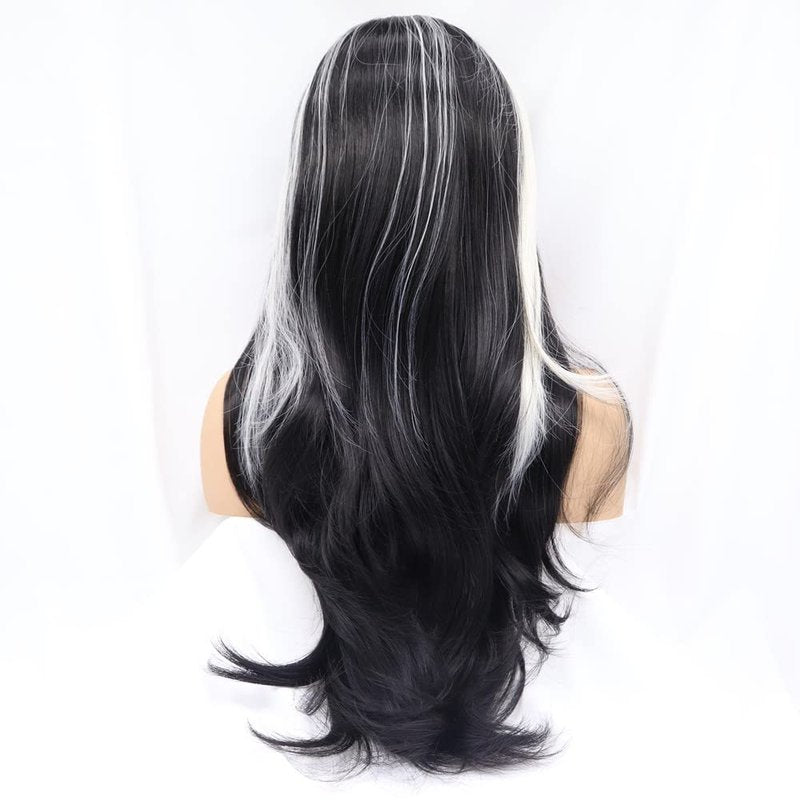 melody wig Natural Black Wig Synthetic Streaked Black/Blonde Mixed Lace Front Wigs For Women Hair Heat Resistant Fiber Long Straight Wigs Cosplay Part