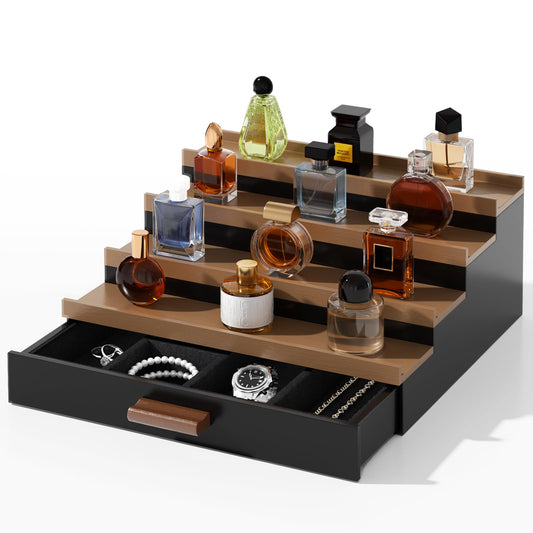 4 Tier Cologne Organizer for Men, Wooden Cologne Stand, Perfume Display Stand with Felt Lining Drawer & 2 Hidden Compartments, Gift for Men, Walnut