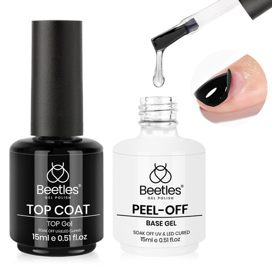Beetles 2Pcs 15ml Peel Off Base Coat and Top Coat Set, Easy Removal Gel Nail Polish, UV LED Lamp Cured Base, Without Damage for Beginners Weak Thin Nails