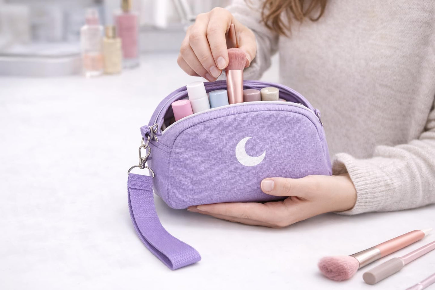 Brando Moon Small Zipper Makeup Bag for Women Girls – Travel Cosmetic Pouch, Wide-Open Organizer Purse Case, Air-Tight Odor-Control Fabric, Everyday Travel Essentials