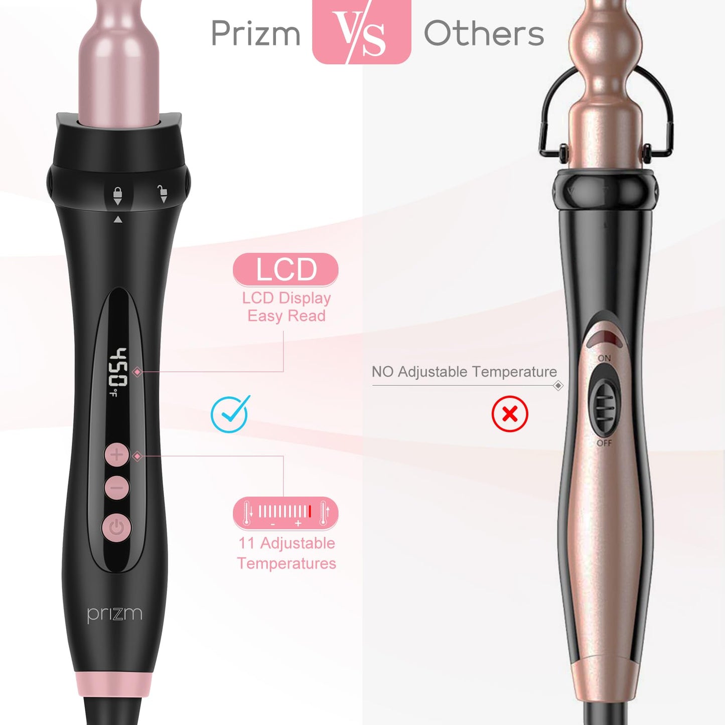 Prizm Pro Clamp Curling Iron Set,5 Interchangeable Barrel Curling Wand,Hair Wand 11 LCD Adjustable Temp,0.6 to 1.25 Inch,Bubble Wand,Tapered Curling Iron Travel Dual Voltage Rose Pink