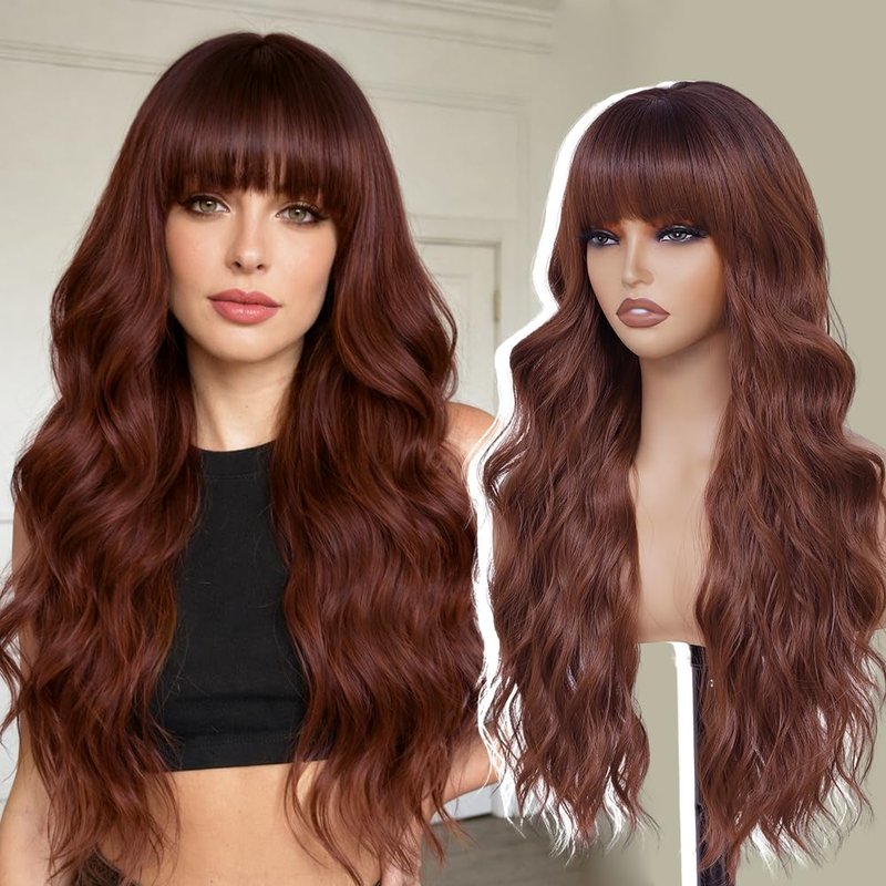 Auburn Wig with Bangs - 26-Inch Wavy Curly Reddish Brown Hair | Soft, Natural-Looking Daily Wear for Women