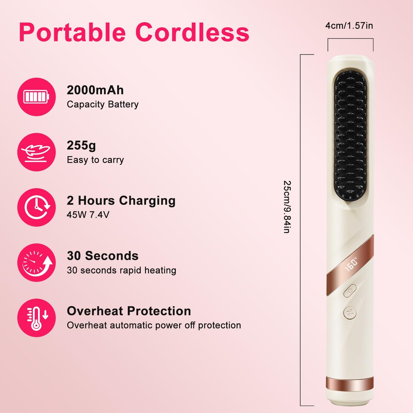 Cordless Straightener Brush for Women, Portable Hair Straightening Brush with Negative Ion, 30s Fast Heating, LED Display, USB Rechargeable Cold Air Hair Styling Comb for Travel