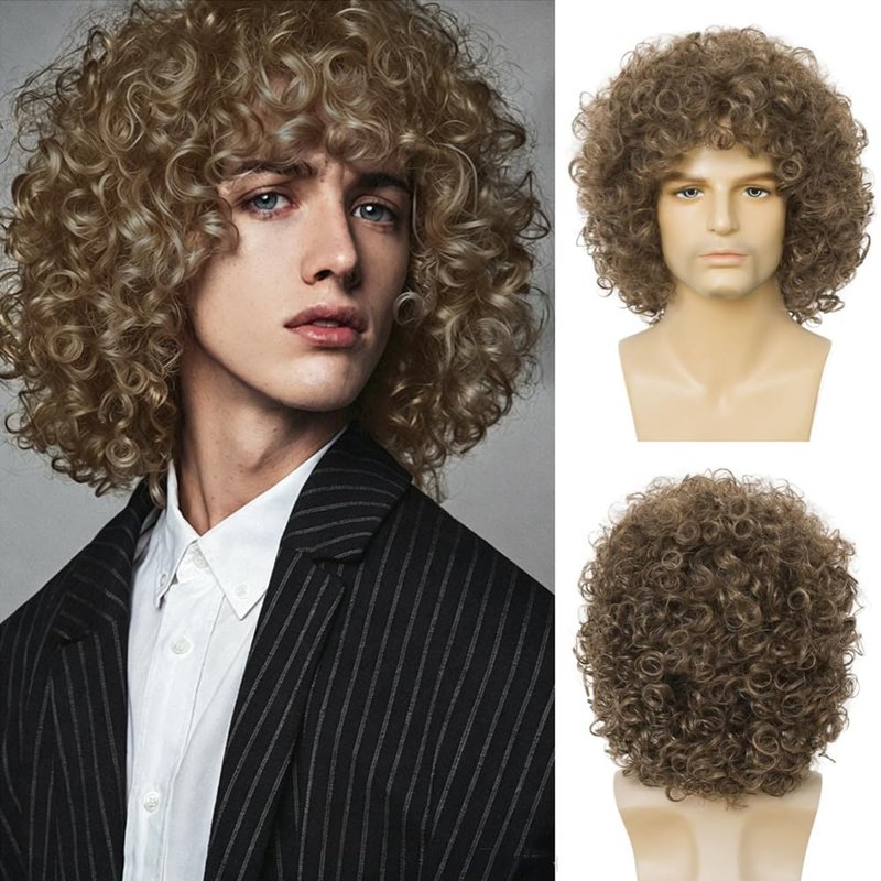 Salaibs Curly Brown Short Wigs for Men Natural Shaggy 80s Rocker Wig Synthetic Heat Resistant Hair Wig for Halloween Use