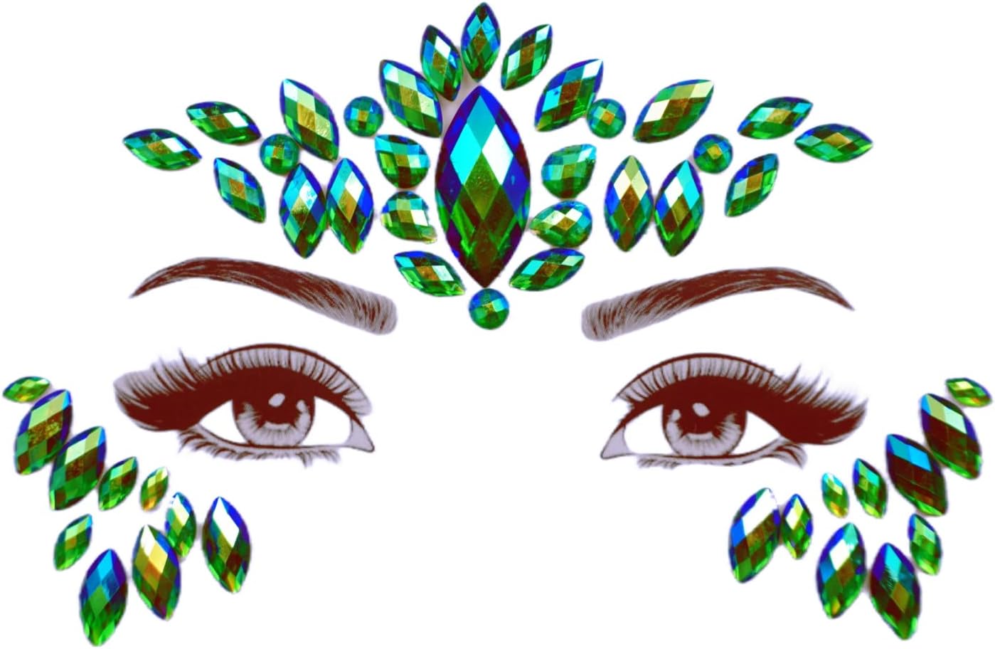 Face Jewels - Green Rhinestone Stickers for Halloween Makeup | Self-Adhesive Festival Glitter Gems
