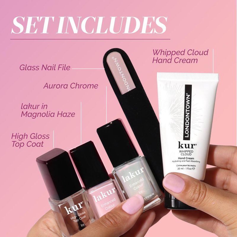 LONDONTOWN Modern Chromance Valentine’s Day Nail Gift Set – All-in-One Manicure Set with Sheer Pink Color, Chrome Finish, High-Gloss Top Coat & Glass Nail File, Valentine’s Day Gift, Vday Nails