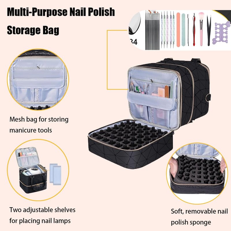 Nail Polish Organizer Bag, 3 Layers Detachable Nail Organizers and Storage, Nail Supplies Organizer, Travel Makeup Bag, Pu Leather Nail Polish Holder Carrying Case Box Holds 84 Bottles & nails Lamp
