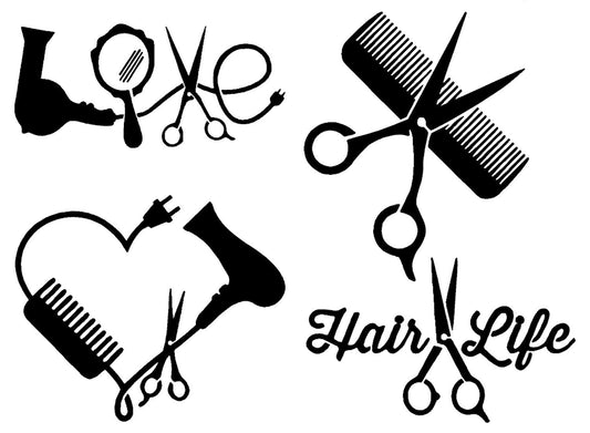 Hair Stylist Decal 4 Pack: Love, Heart, Comb and Scissors, Hair Life (Hairstylist Black, Small ~3.5")