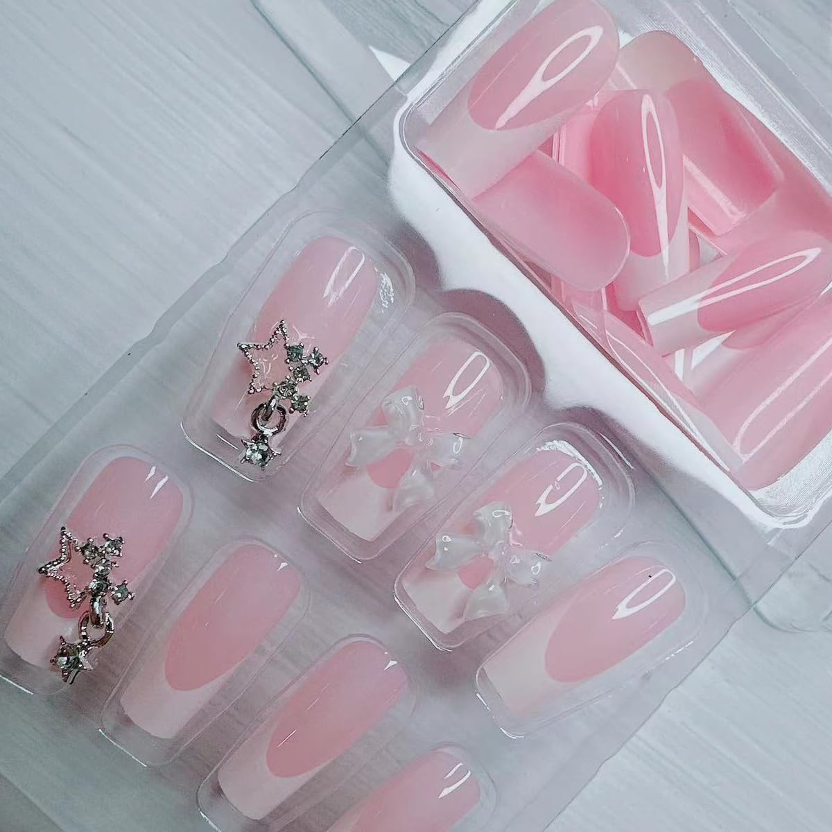 24pcs French Tip Press-On Nails - Short, Charms, Bow, Flower Design, Pink, Cute, Square Shape, Acrylic, Rhinestones