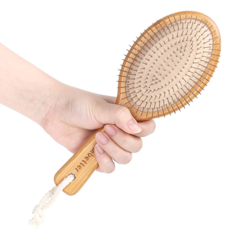 Bamboo Hair Brush - Detangling & Smoothing Scalp Massage Brush | Natural Wood with Metal Bristles for All Hair Types