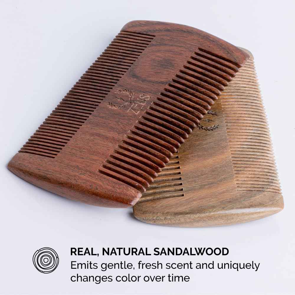 ZEUS Double-Sided Beard & Mustache Comb for Men, Natural Sandalwood Grooming Tool with Leather Case, Anti-Static & Travel Friendly (R31)