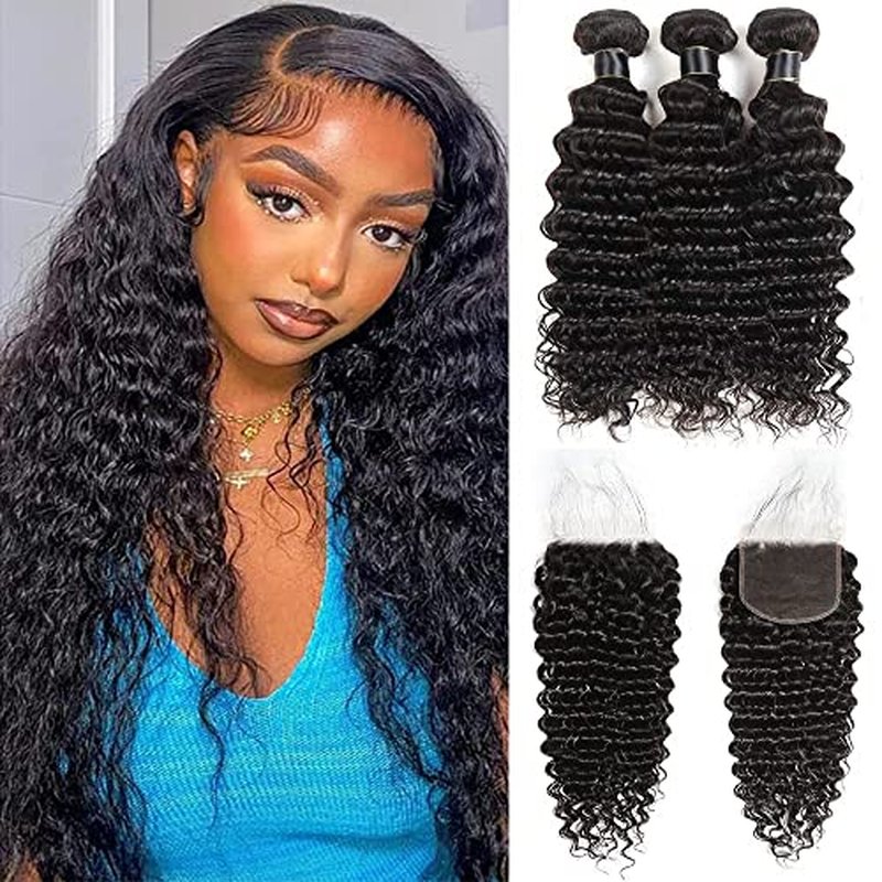 Human Hair Bundles with Closure 100% Unprocessed Deep Wave Bundles (14 16 18+12) 3 Bundles Human Hair with 4x4 Free Part Lace Frontal for Women Natural Color