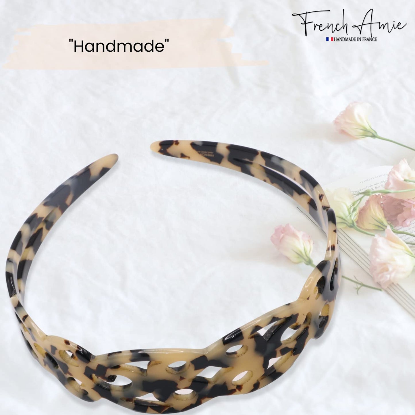 French Amie Filigree Wide 1" Celluloid Acetate Handmade Head bands Fashion Flexible Non Slip Durable Styling Women Hair Accessories, Made in France (White Tokyo)