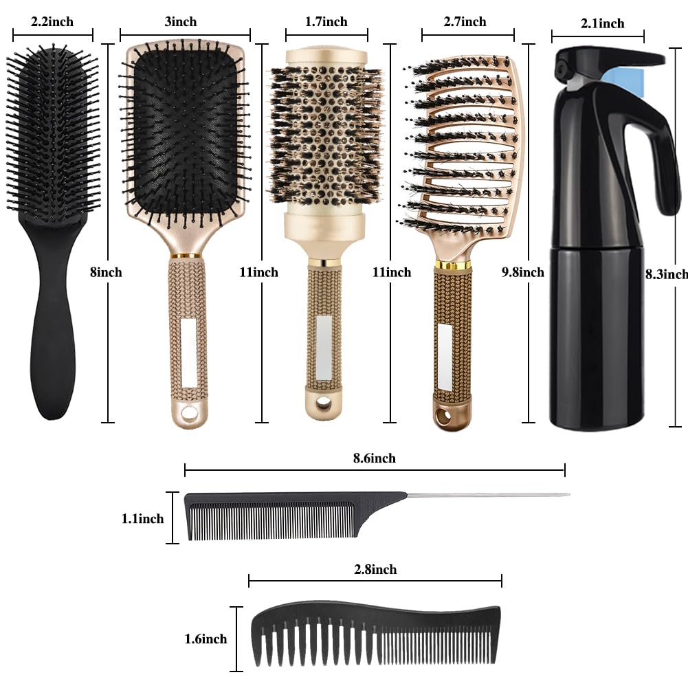 Curly Hair Brush Set - 8Pcs Round & Paddle Brushes for Women | Detangling Wet Long Thick Hair & Spray Bottle (Golden)