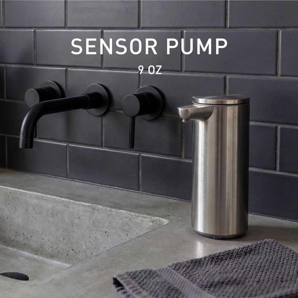 simplehuman Liquid Sensor Pump, 9 oz Automatic Soap Dispenser for Kitchen and Bathroom, Touchless Motion Sensor, Variable Dispense, Rechargeable, No-Drip Spout, High-Grade Brushed Stainless Steel