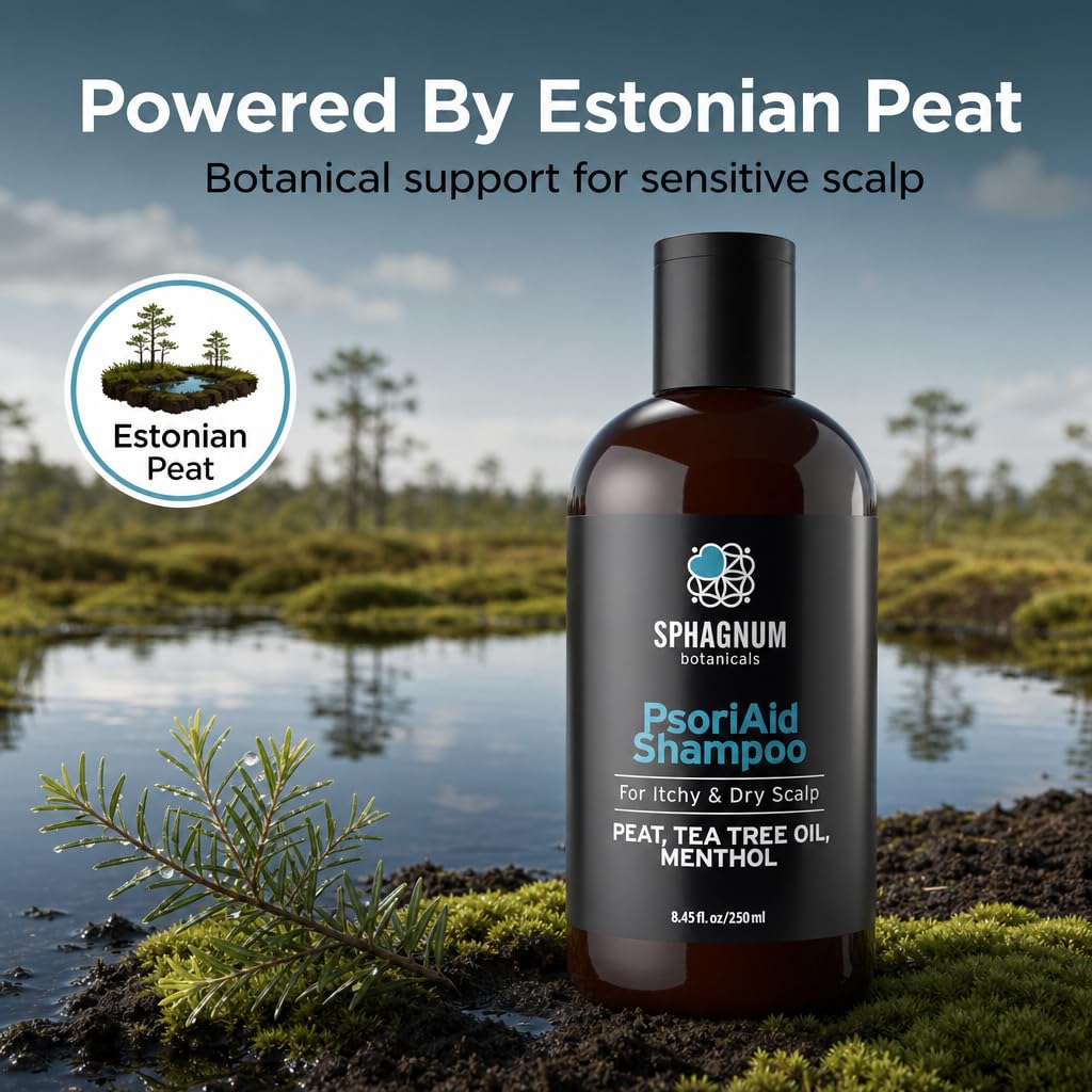 Sphagnum Botanicals Psoriasis Shampoo with Estonian Peat & Tea Tree Oil - Natural Relief for Itchy, Flaky Scalp, Eczema & Dermatitis - Sulfate Free, No Parabens - 8.45 Oz