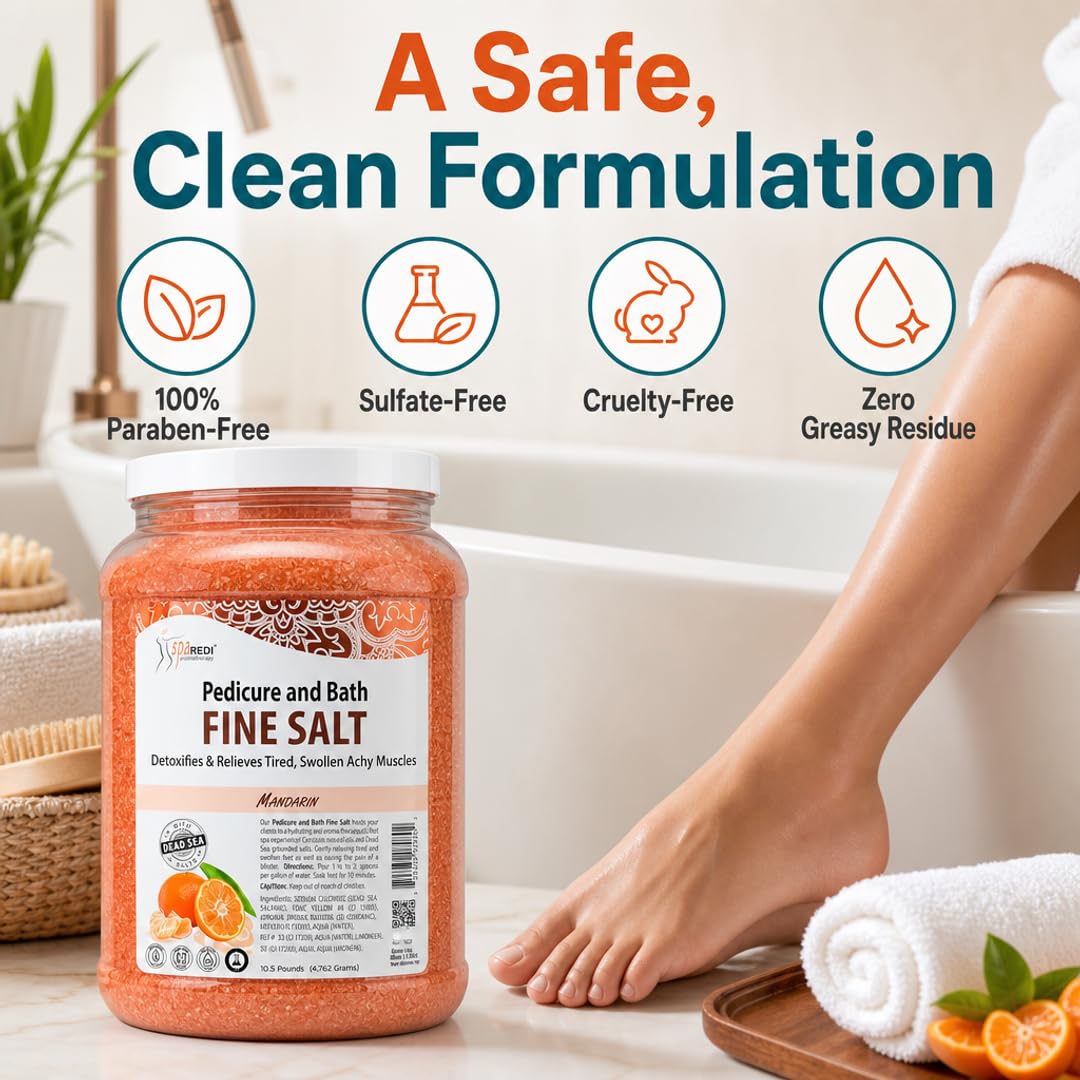 SPA REDI - Detox Foot Soak Pedicure and Bath Fine Salt, Mandarin, 128 Oz - Made with Dead Sea Salts, Argan Oil, Coconut Oil, and Essential Oil - Hydrates, Softens and Moisturizes