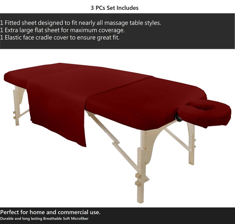 Shreem Linen Microfiber Massage Sheet Set 3-Piece for Massage Tables, Includes Massage Flat Sheet, Massage Fitted Sheet, and Massage Face Cradle Cover for Beauty Salon Spa, Burgundy